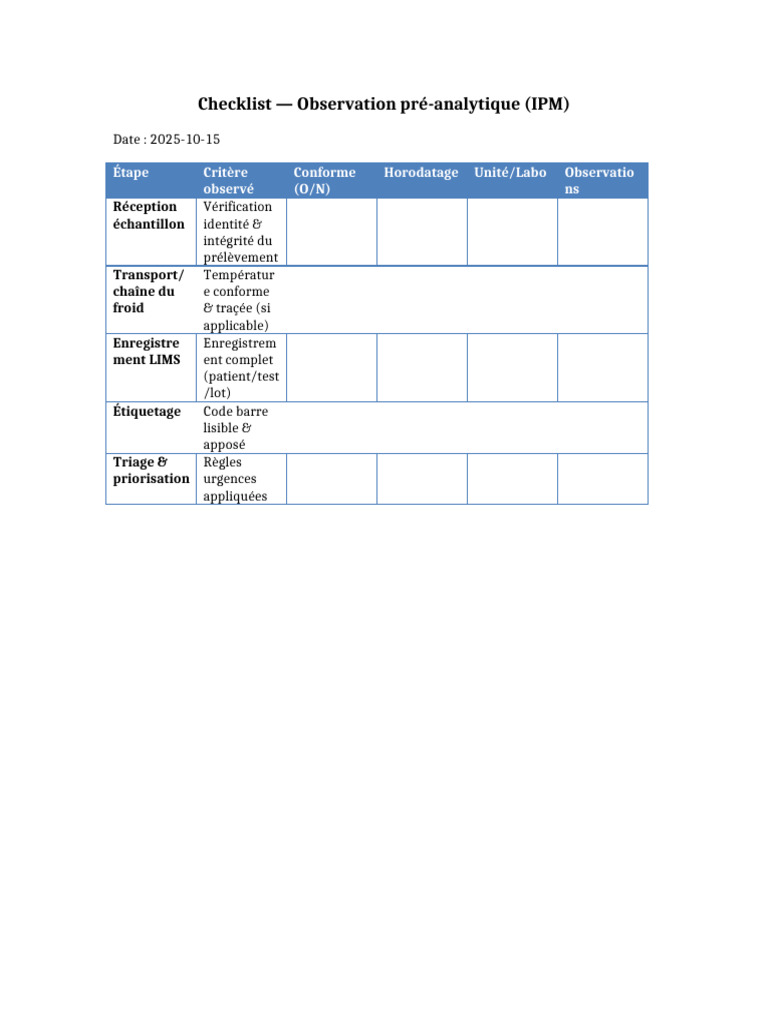 Checklist Observation PreAnalytique IPM | PDF