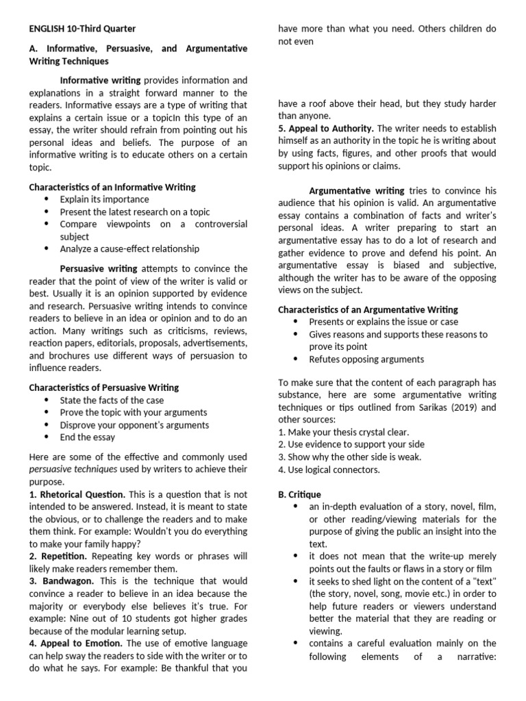 ENGLISH 10 Third Quarter Lessons | PDF | Essays | Evidence