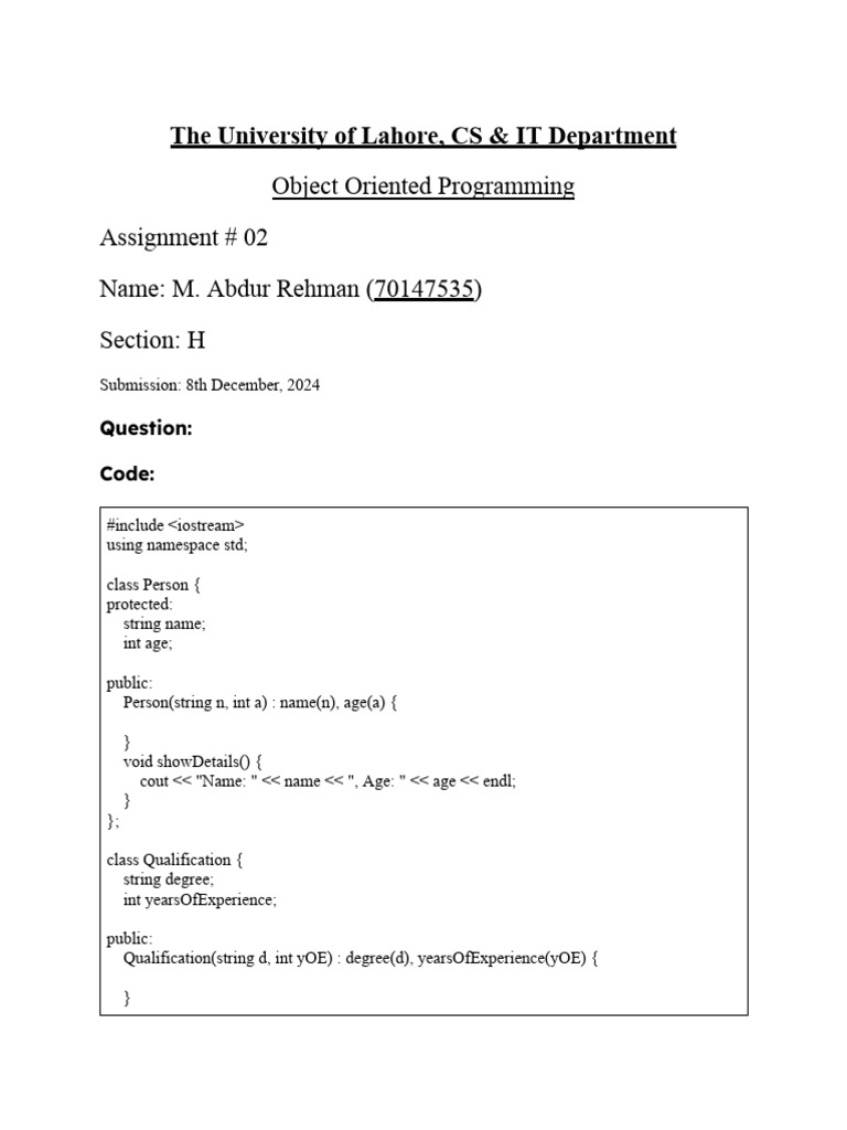 Abdurrehman 70147535 Oop Assign02 | PDF | Computer Programming ...