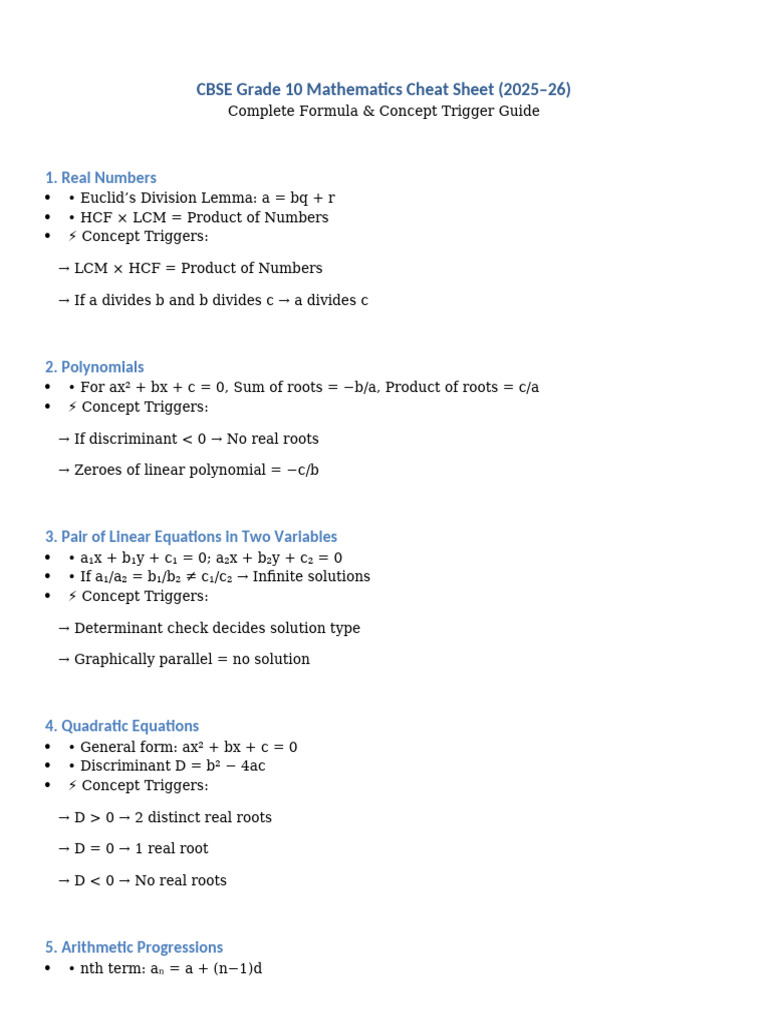 CBSE Grade10 Maths CheatSheet 2025-26 | PDF | Mathematics Of Computing ...
