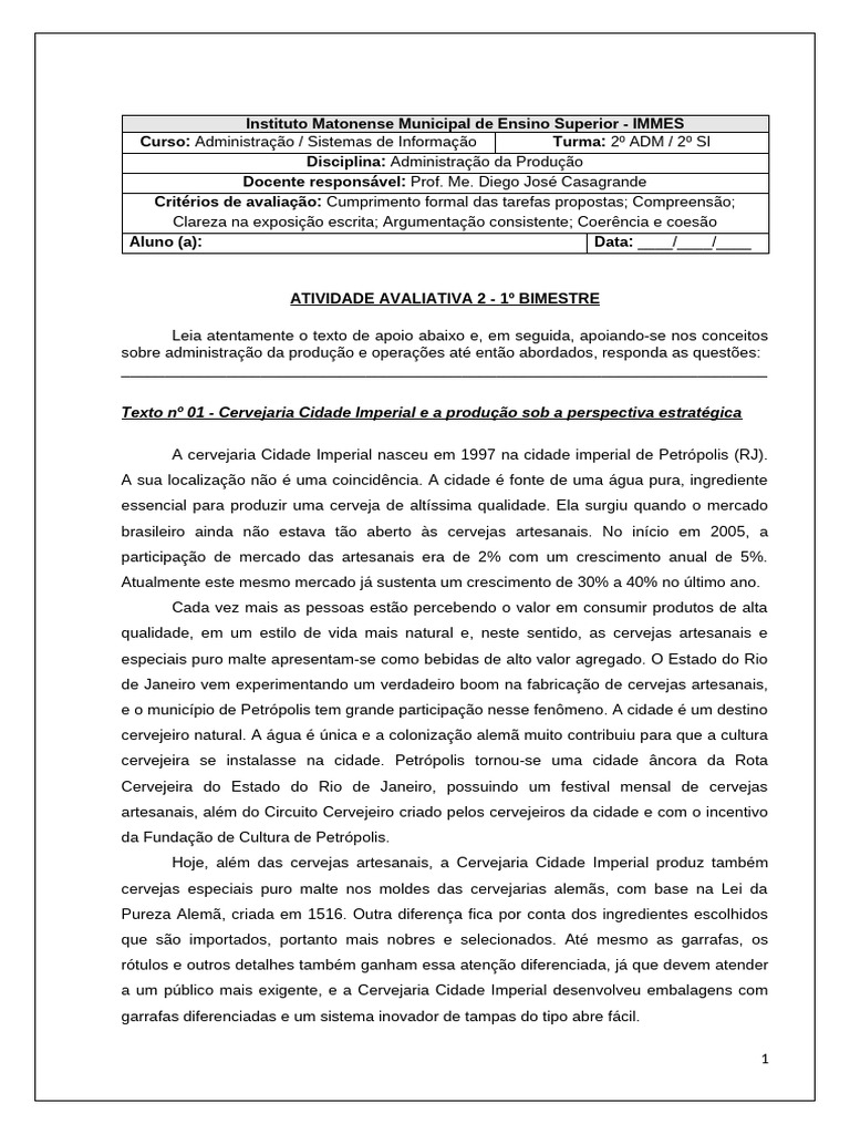 Atividade Avaliativa 2 - 1º Bimestre - 2024.2b | PDF | Cerveja | Carro