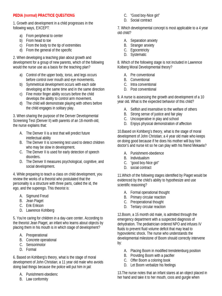 PEDIA Normal PRACTICE QUESTIONS | PDF | Infants | Human Development