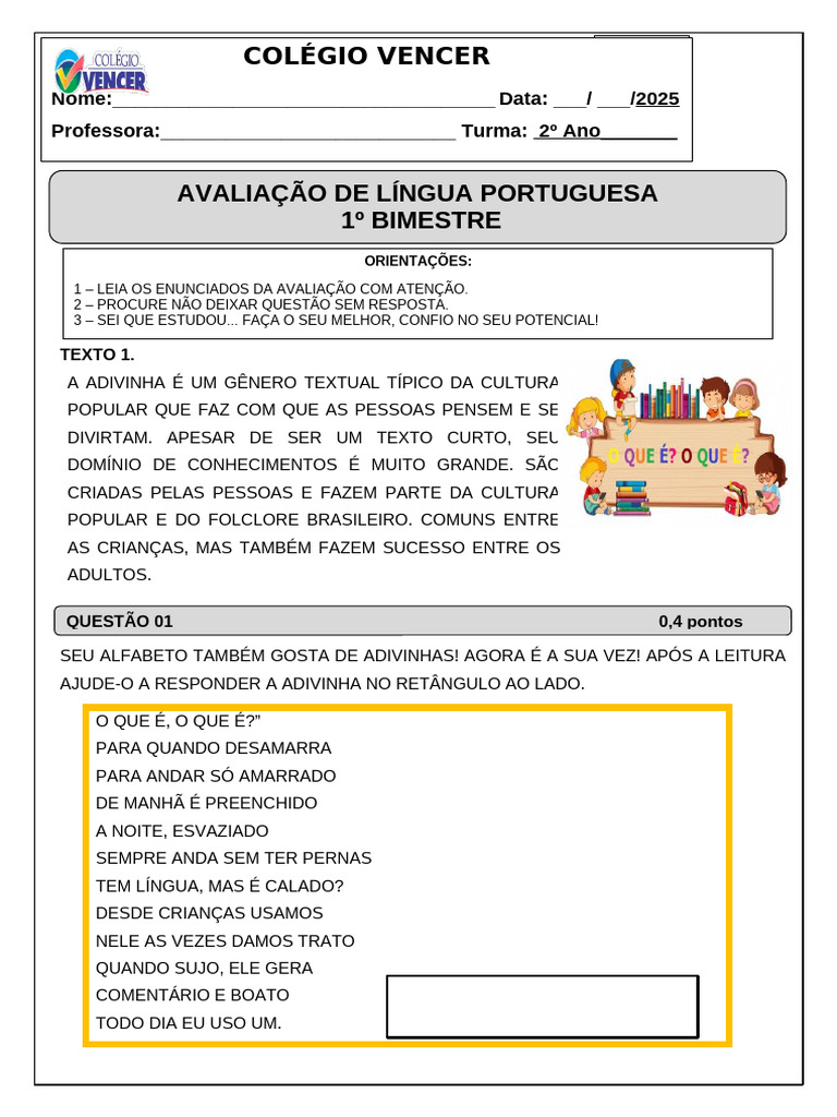 Avaliação de Língua Portuguesa Iºbimestre 2025 - 2º Ano | PDF | Alfabeto
