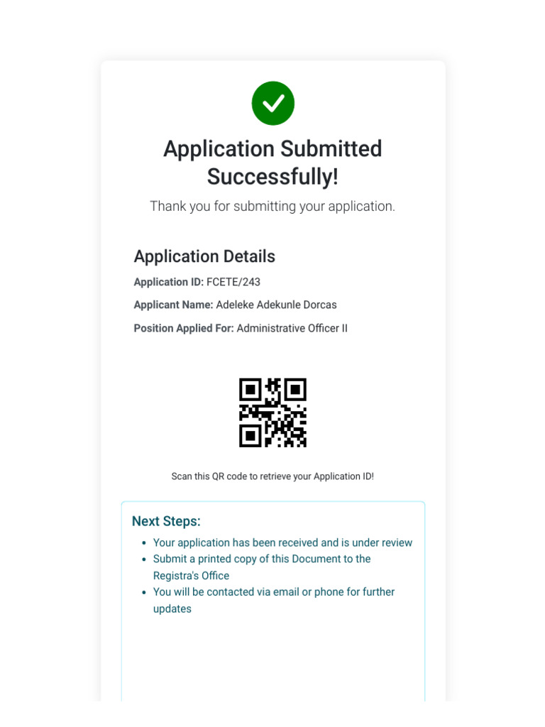 Mrs Dorcas FCET Application Submitted Successfully | PDF