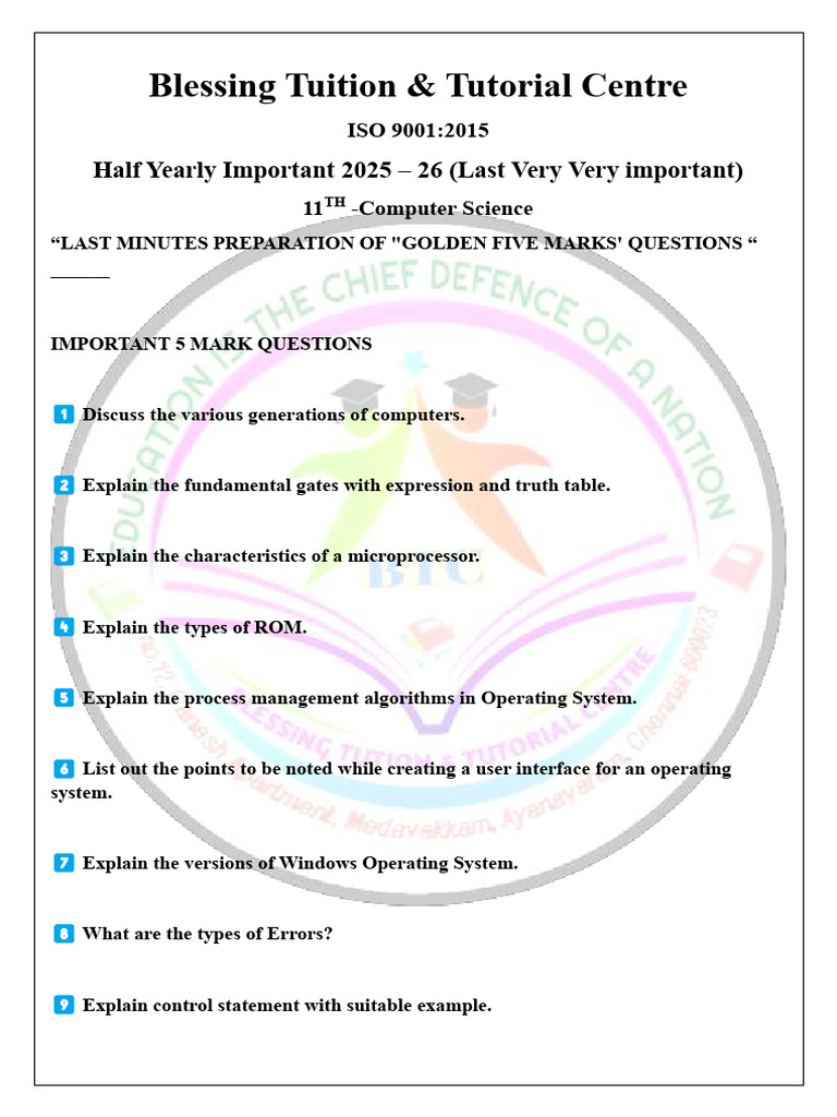 11th Cs Golden Five Marks | PDF