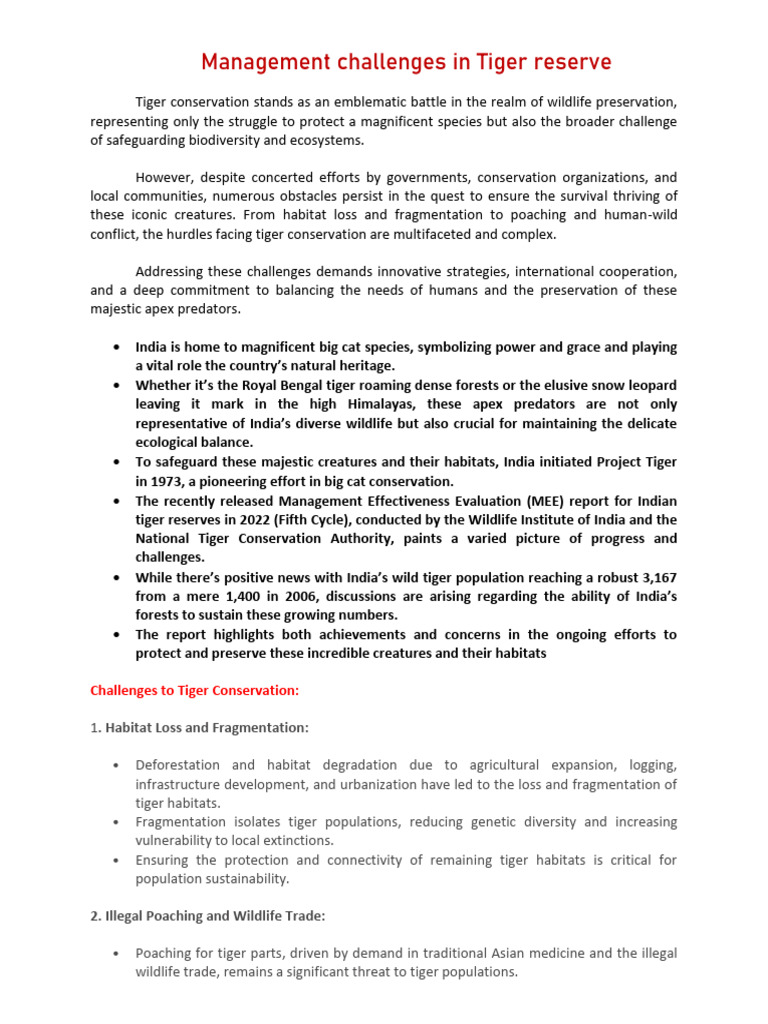 Management Challenges in Tiger Reserve - 095545 | PDF | Tiger ...