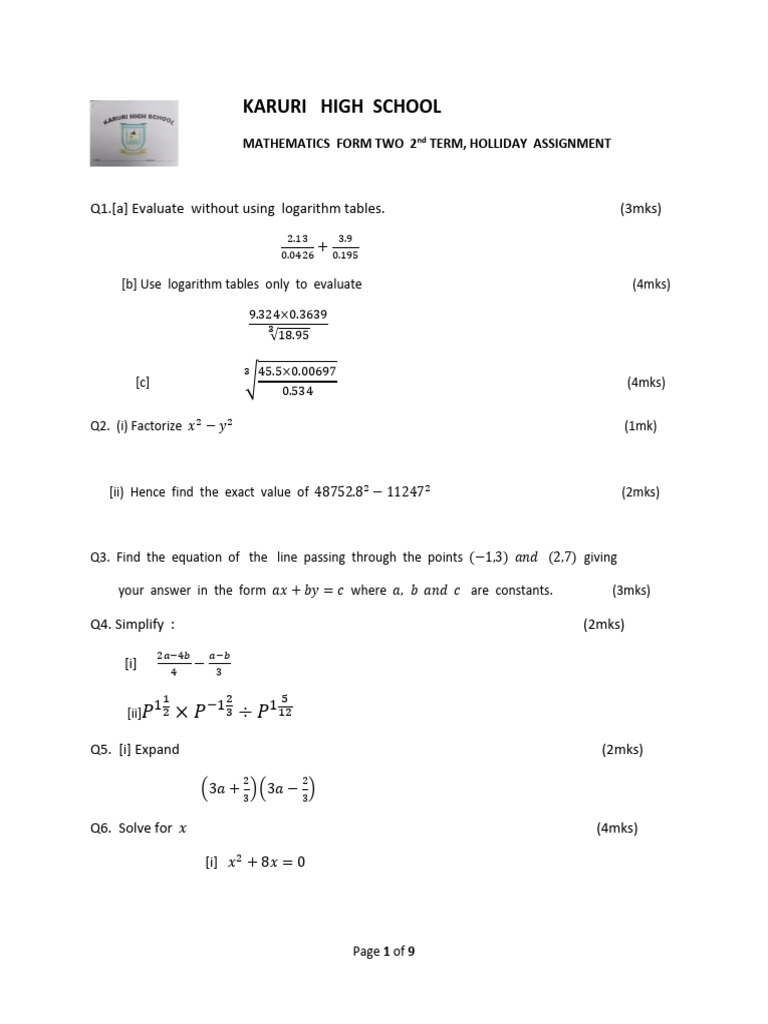 Holliday Assignment Assignment - Form 2 - Mathematics | PDF | Area ...