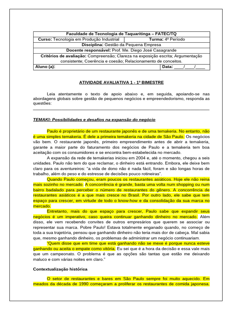 Atividade Avaliativa 2 - 1º Bimestre - 2024.1 | PDF | Japão | São Paulo