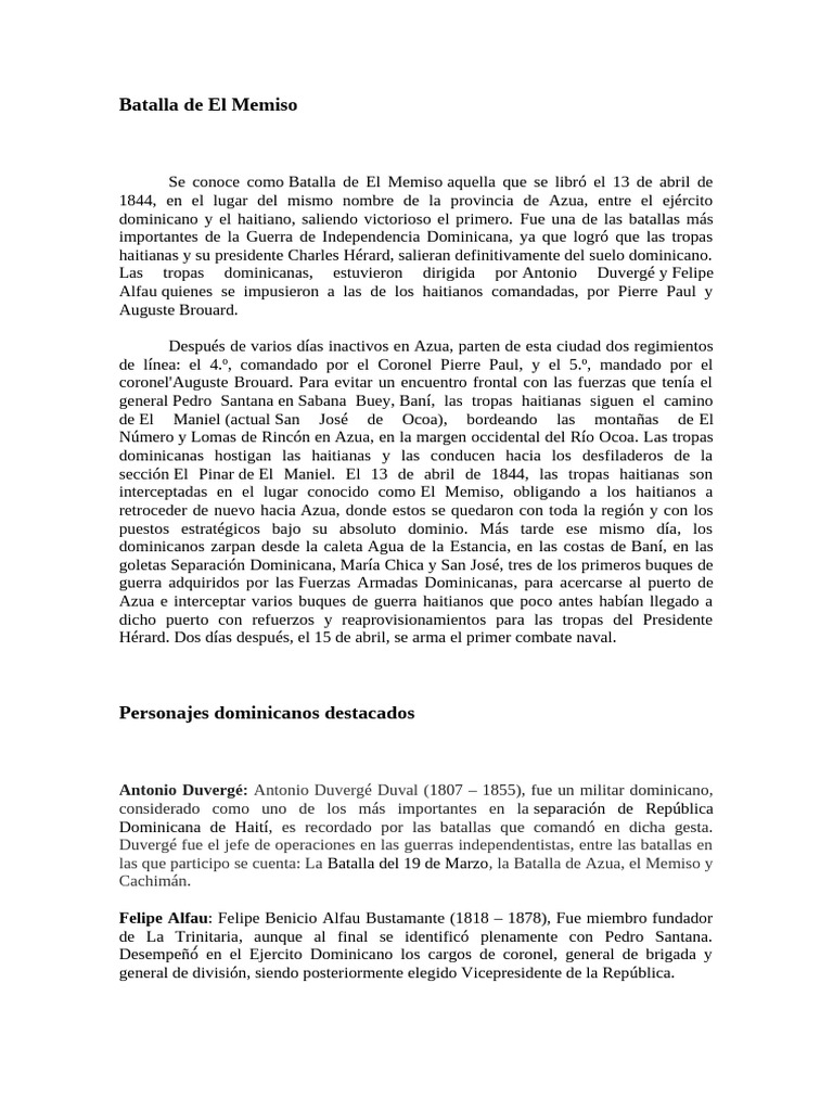 Batalla de El Memiso y Tortuguero | PDF | Militar | República Dominicana