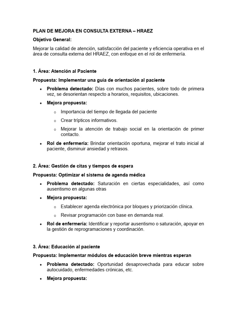 Plan de Mejora en Consulta Externa | PDF | Enfermería | Cuidado de la salud