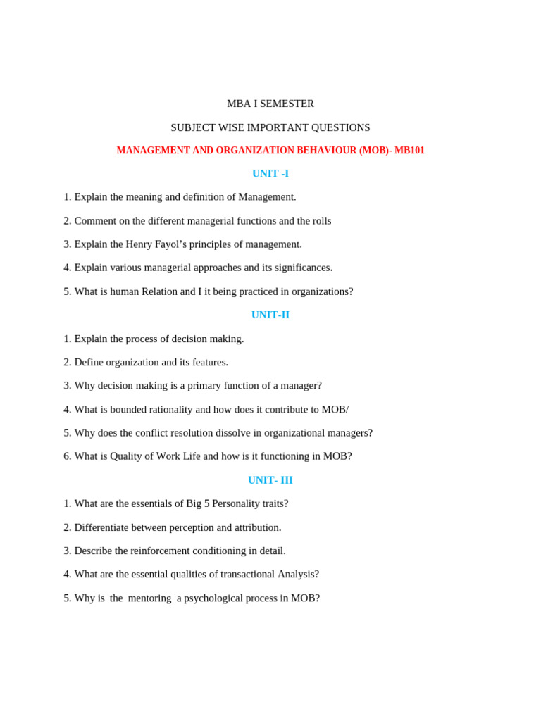 Mba i Sem Important Questions | PDF | Marketing | Probability Distribution