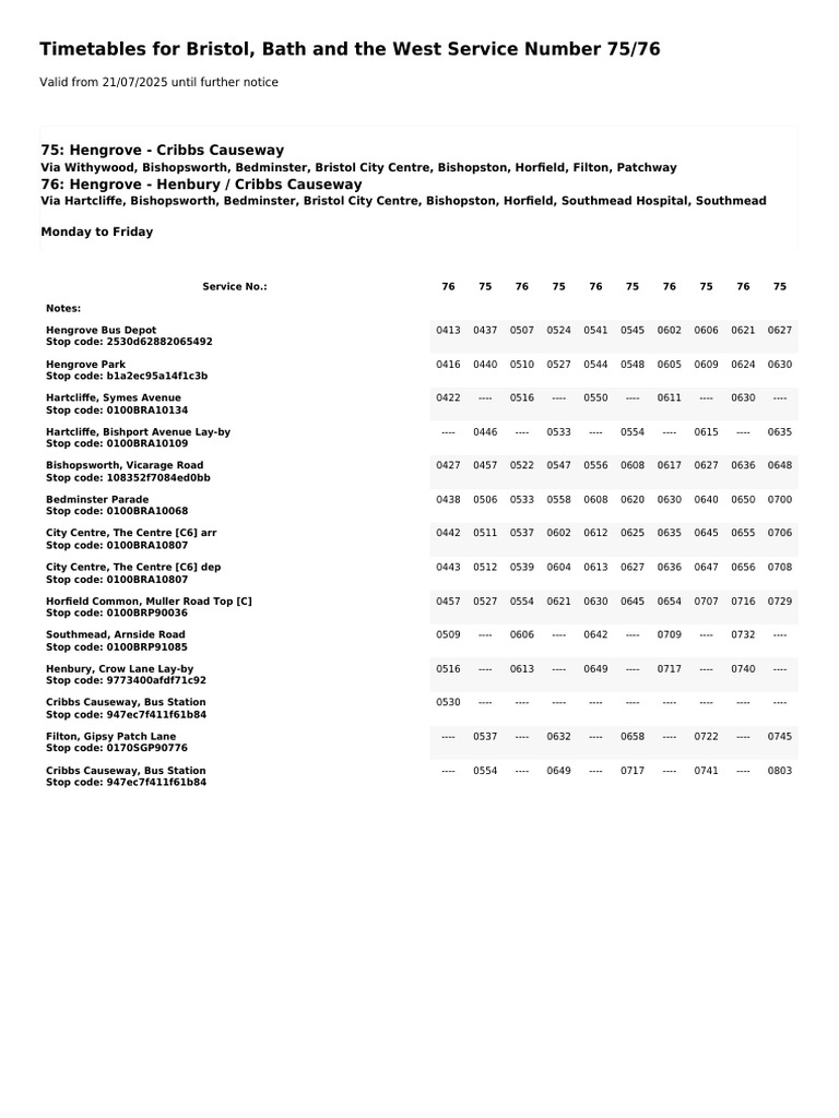 Bus Timetable 76 Mon-Fri | PDF
