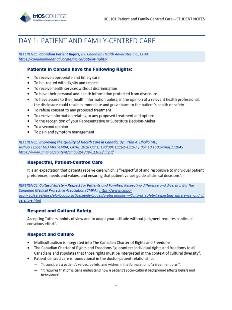 HCL101 Patient and Family-Centred Care - STUDENT NOTES | PDF