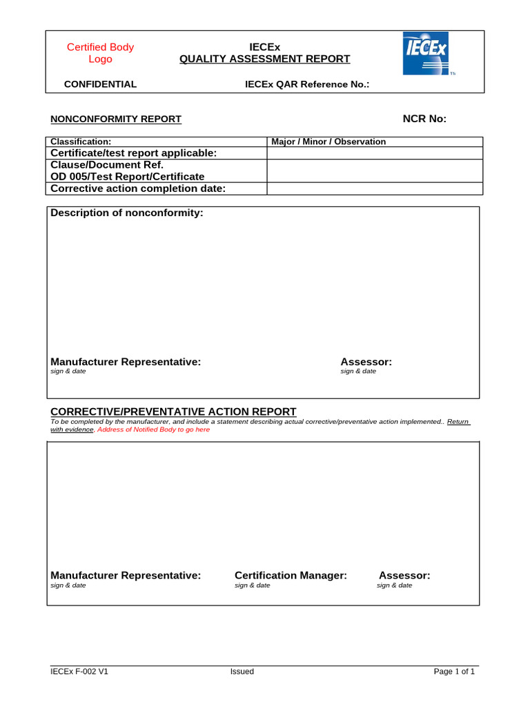 Iecex F 002 v1 NCR Master | PDF