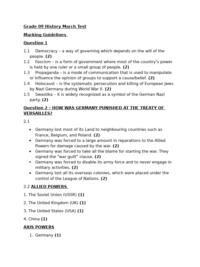 Grade 9 March Test Memo Hist. | PDF