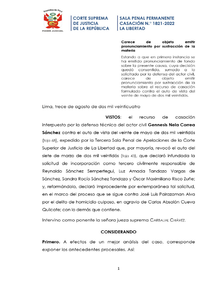 Decisión de Corte Suprema de Justicia - Sala Penal Permanente de 13-08 ...