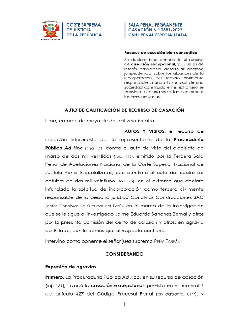 Decisión de Corte Suprema de Justicia - Sala Penal Permanente de 14-05 ...