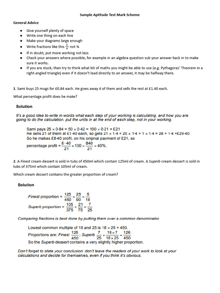 Aptitude Test Sample Mark Scheme | PDF | Mathematics | Elementary ...