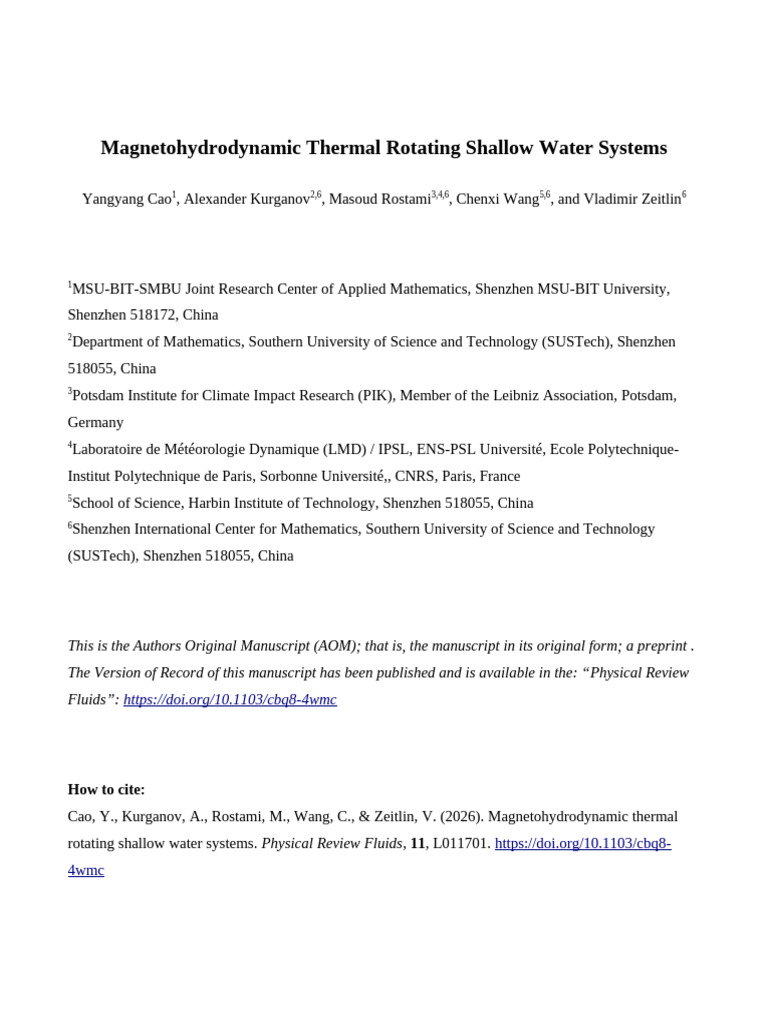Magnetohydrodynamic Thermal Rotating Shallow Water Systems | PDF ...