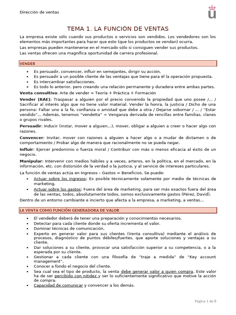 TEMA 1 - La función de ventas | PDF | Marketing | Business