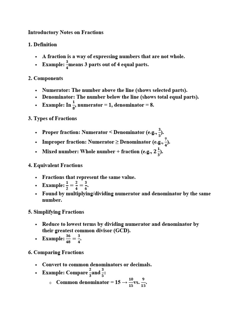 Introductory Notes On Fractions Proportions Percentages & Variations 1 ...