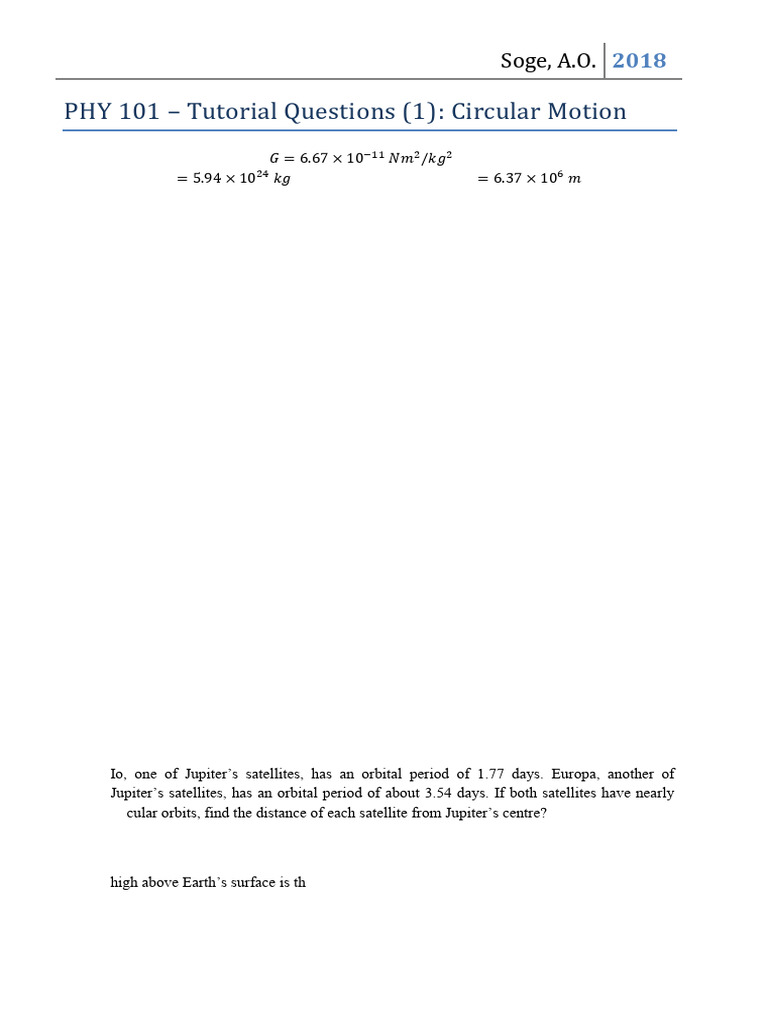 PHY 101 - Circular Motion - Tutorial | PDF | Jupiter | Satellite