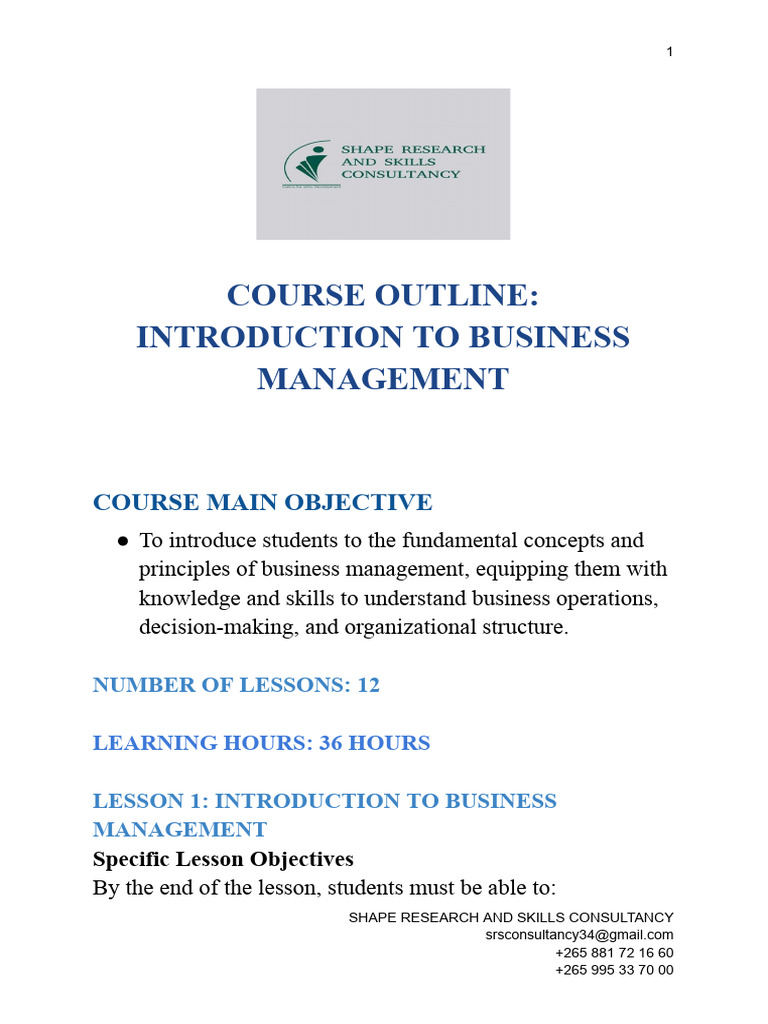 Introduction To Business Management - Course Outline | PDF ...
