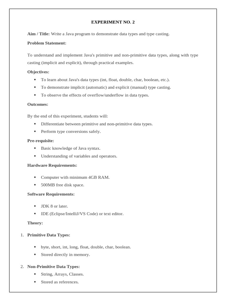 Cs306 Cw Experiment No-2 (Data Type) | PDF | Data Type | Java ...