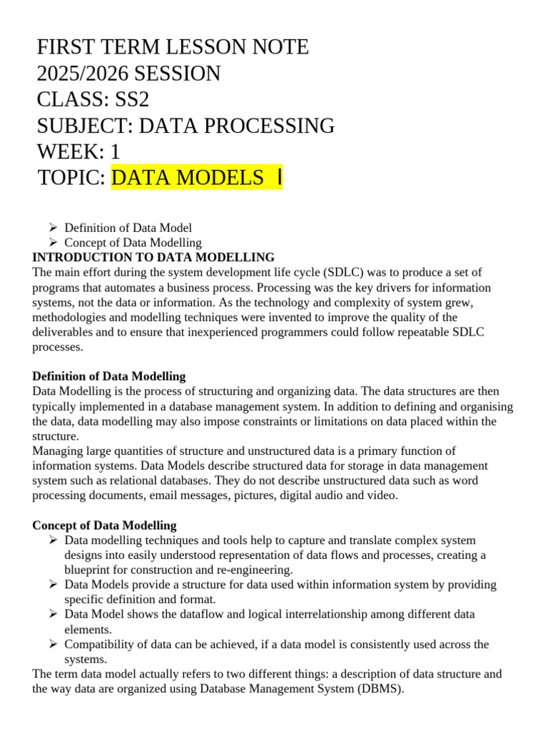 First Term Ict Lesson Note Ss2 | PDF | Databases | Data Model