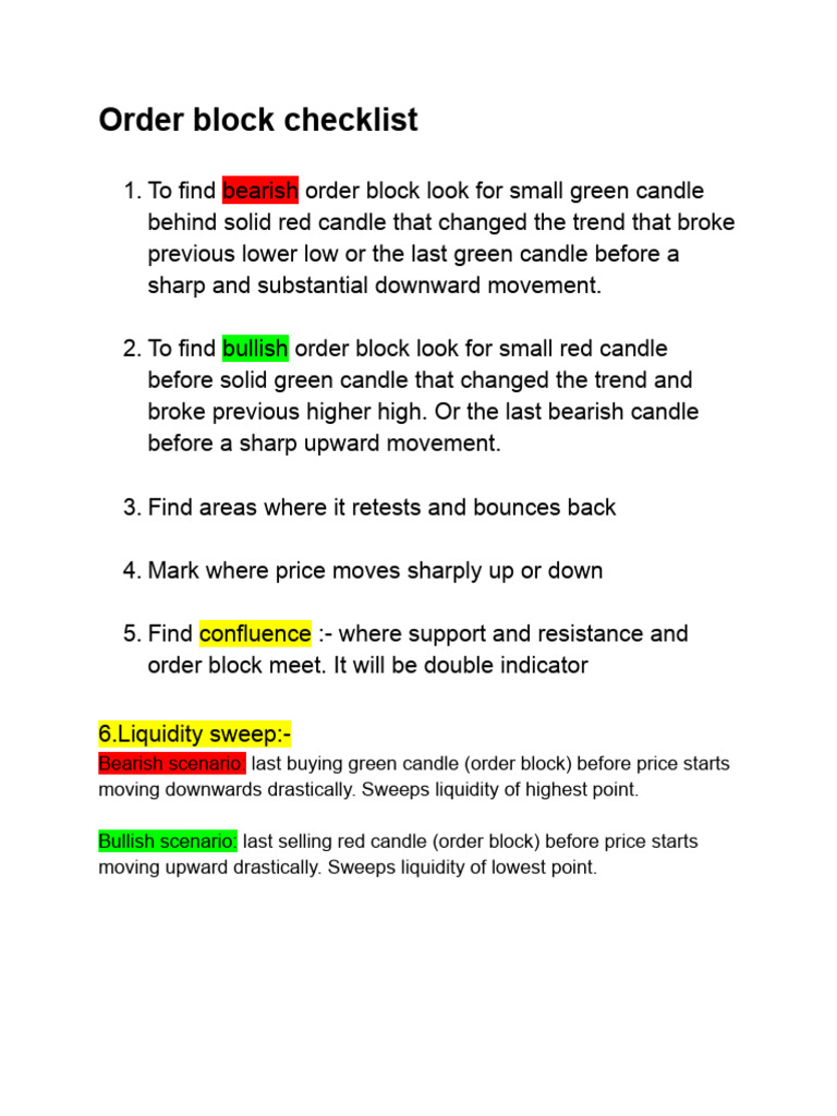 Order Block Checklist | PDF | Market Trend | Investing