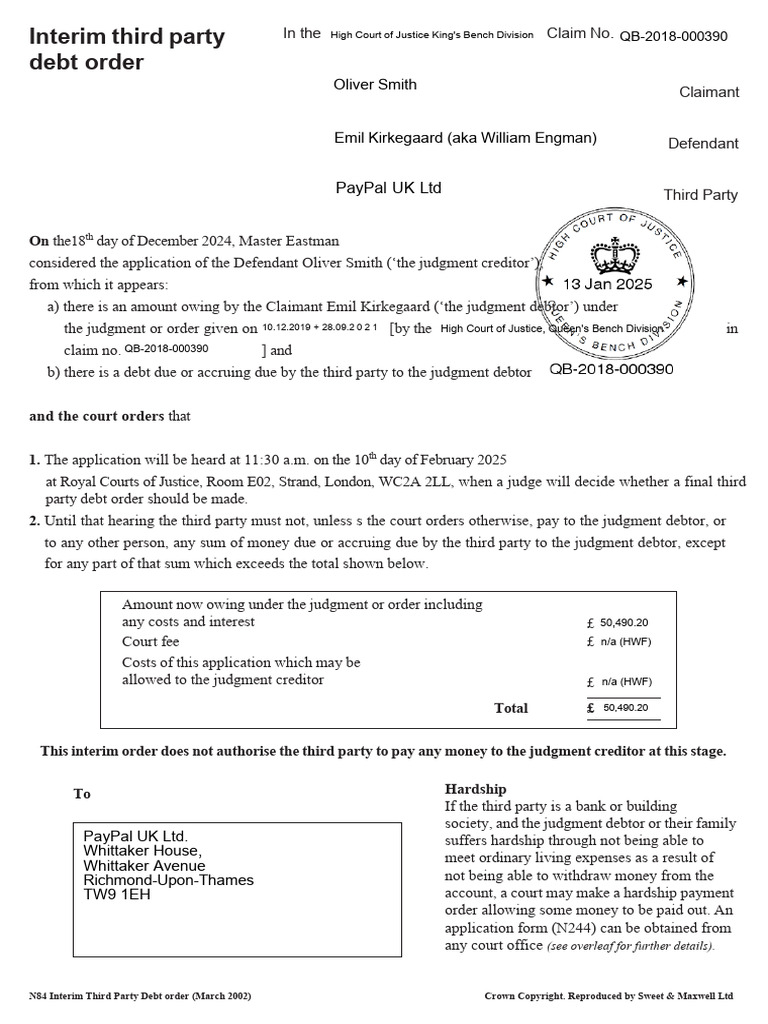 Interim Third Party Debt Order Against Emil Kirkegaard | PDF | Judgment ...