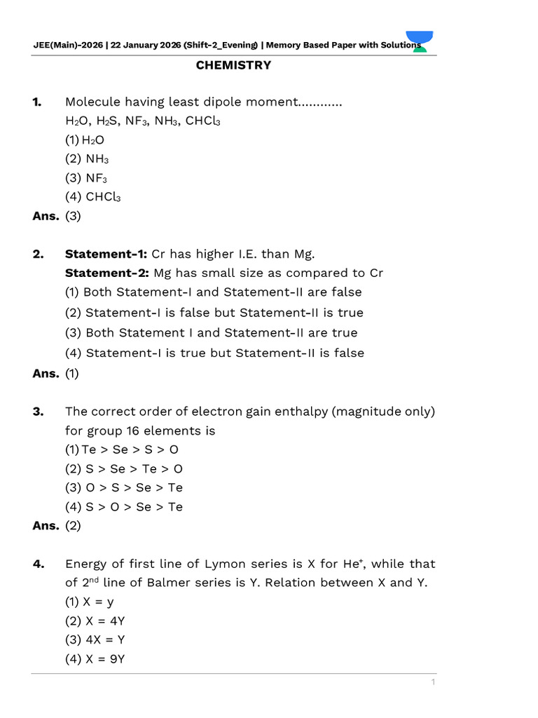 Chemistry JM Shift-2 22-01-2026 FC | PDF | Physical Sciences | Chemical ...
