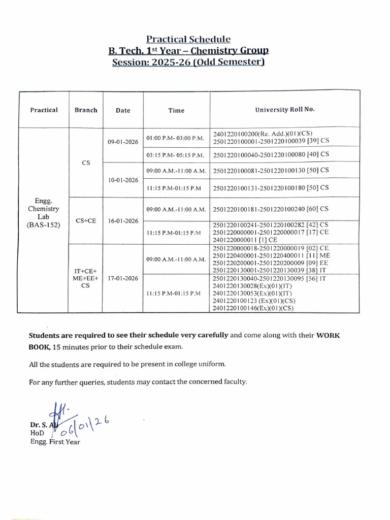External Chemistry Practical Exam Schedule 2025-26 | PDF