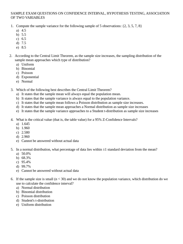 SAMPLE EXAM QUESTIONS On CI and Hypothesis Testing and Associations ...