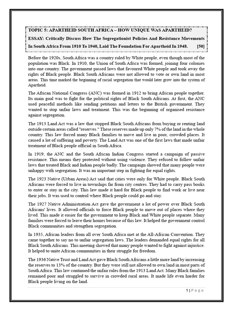 Task 5 Segregation Lay Foundation For Apartheid Essay | PDF | Apartheid ...