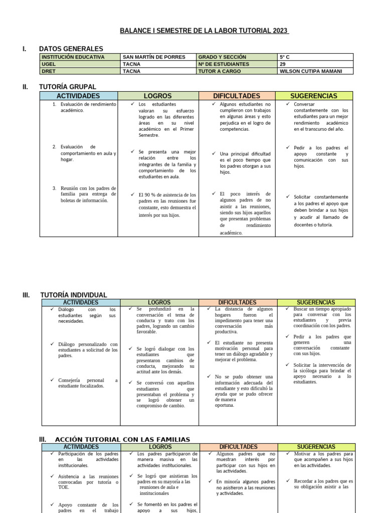 Balance I Semestre de La Labor Tutorial 5C 2023 | PDF