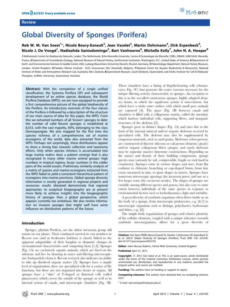 Global Diversity of Sponges (Porifera) | PDF | Sponge