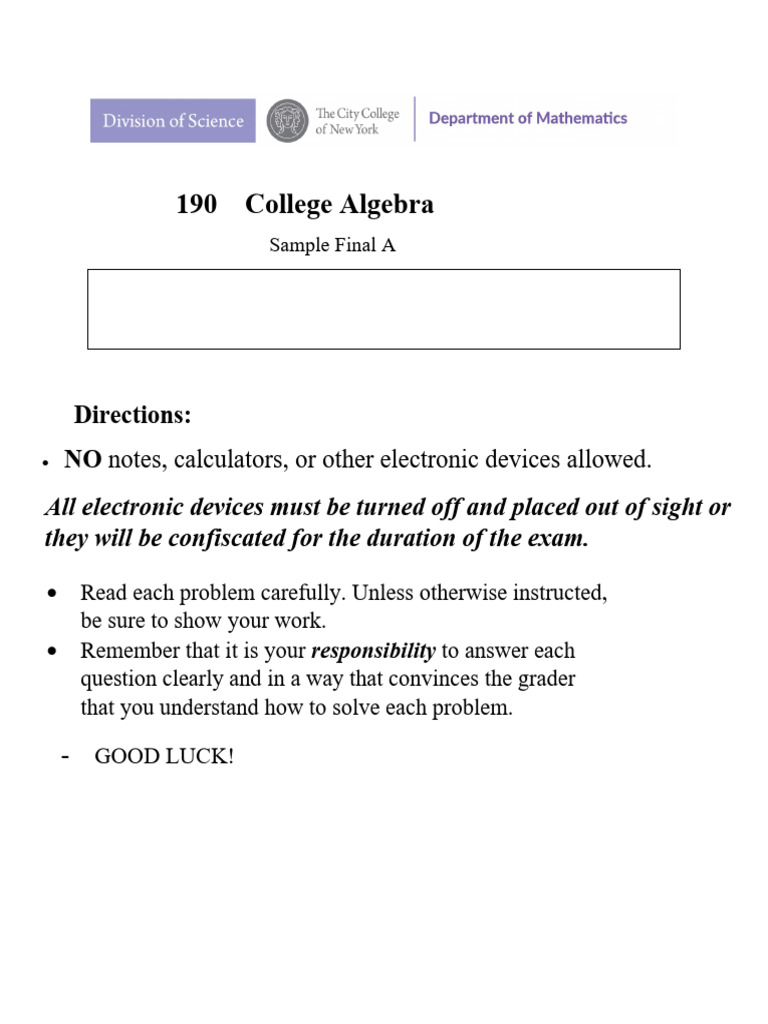 190 Sample Final Exam A | PDF | Inequality (Mathematics) | Mathematics