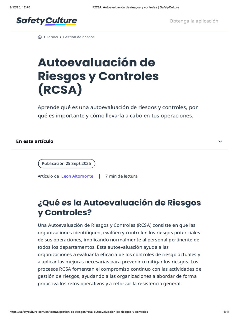 RCSA - Autoevaluación de Riesgos y Controles - SafetyCulture | PDF ...