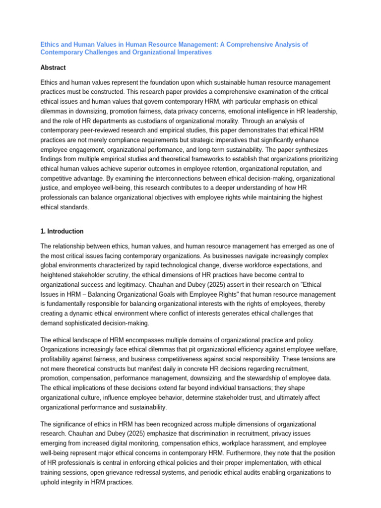 Ethics HRM Research Paper | PDF | Human Resource Management | Emotional ...