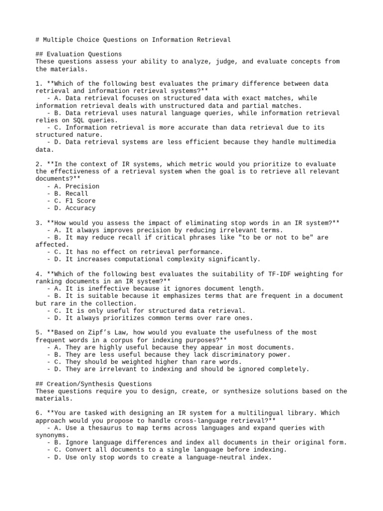 Multiple Choice Questions On Information Retrieval | PDF | Information ...