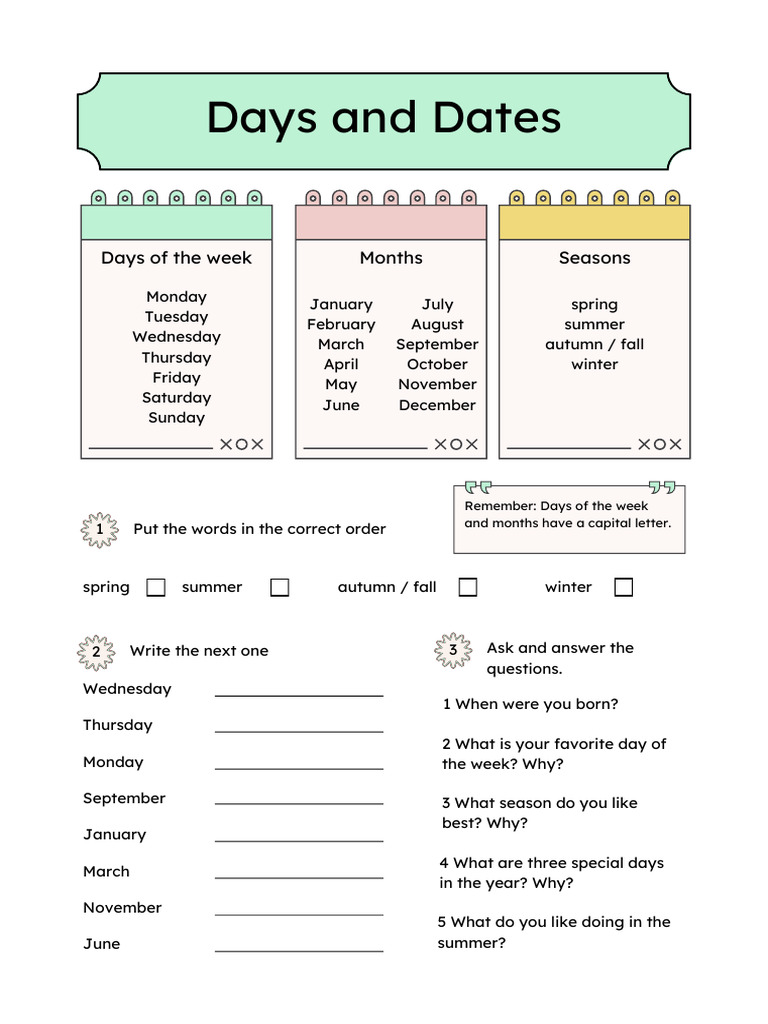 Days and Dates Worksheet | PDF