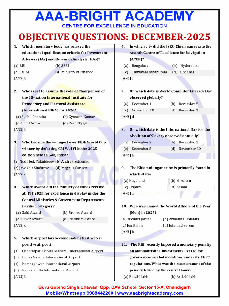 Monthly GK Quiz December 2025 | PDF