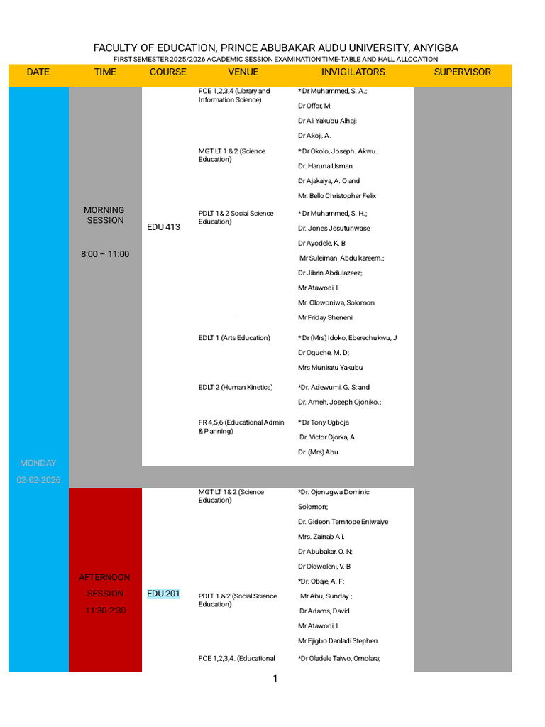 2025-2026 First Semester Examination Time Table - 091245 | PDF