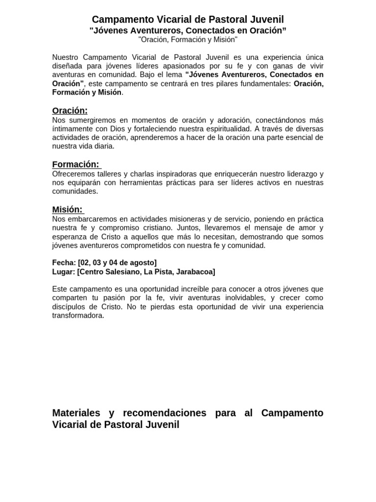 Campamento Vicarial de Pastoral Juvenil | PDF | Oración | Cámping