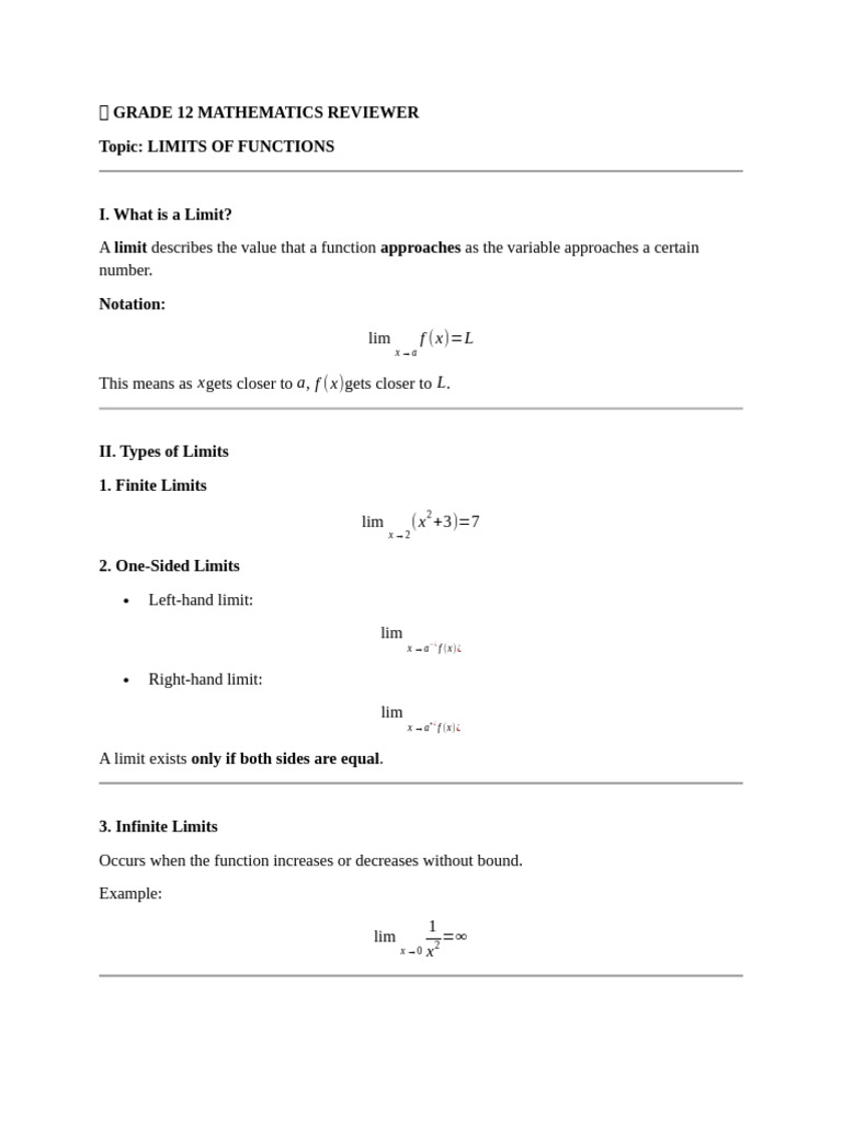 Grade 12 Mathematics Reviewer | PDF | Limit (Mathematics) | Function ...