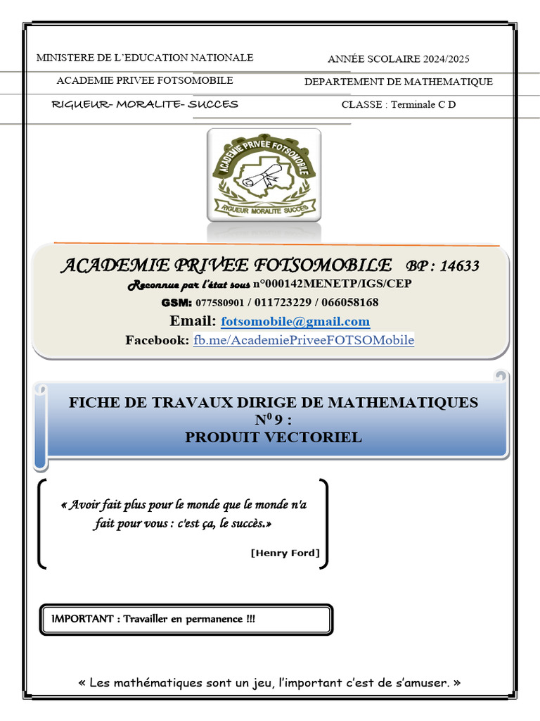 TD 9 Produit Vectoriel | PDF | Coordonnées cartésiennes | Droite ...
