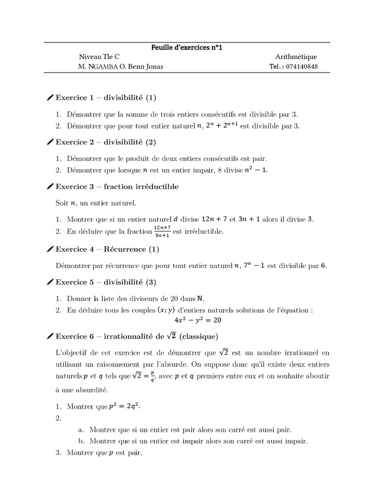Feuille D'exercices N°1 - Arithmétique - Partie A | PDF