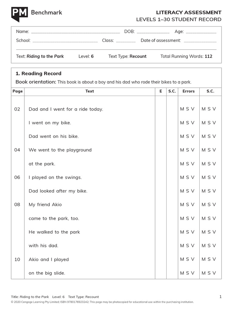 PM Benchmark Student Record Level 6 Riding To The Park Updated Sep 2020 ...