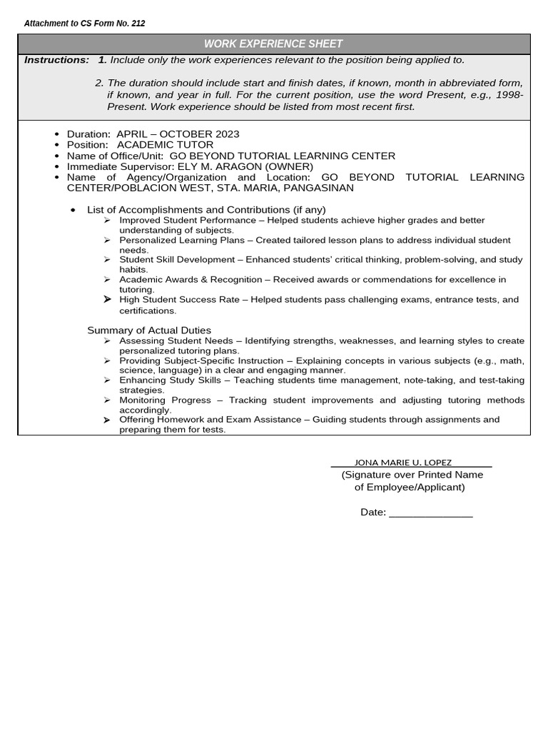 Cs Form No. 212 Attachment WORK EXPERIENCE SHEET | PDF | Study Skills ...